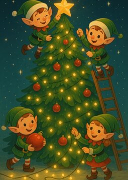 Elves decorating festive tree
