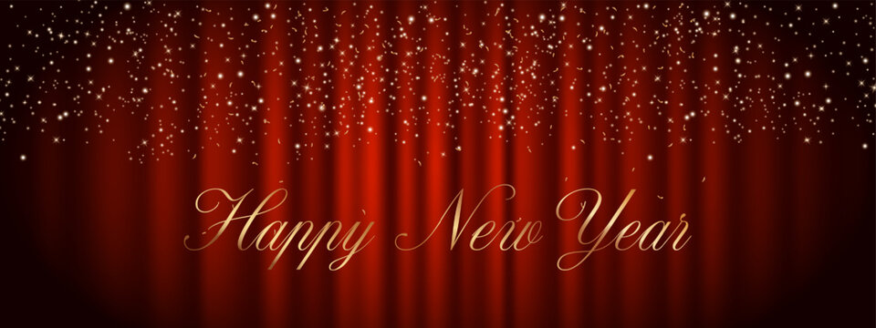 Elegant Happy New Year greeting on luxurious red curtain background with golden sparkling stars and confetti, ideal for festive banners and cards
