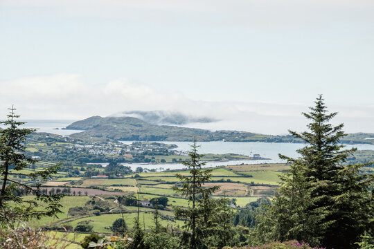 Scenic aerial view of a coastal bay with green fields, a small rural village, distant mountains shrouded in mist and pine trees in the foreground