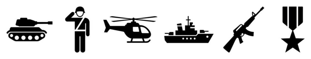 Obraz premium Black military and armed forces icon set featuring a battle tank saluting soldier transport helicopter naval ship assault rifle and star medal