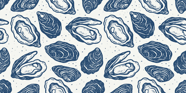 Oysters Seamless Pattern Blue Line Art, Vintage Seafood Background