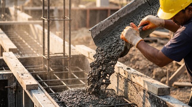 Construction worker pouring fresh concrete into a reinforced foundation formwork