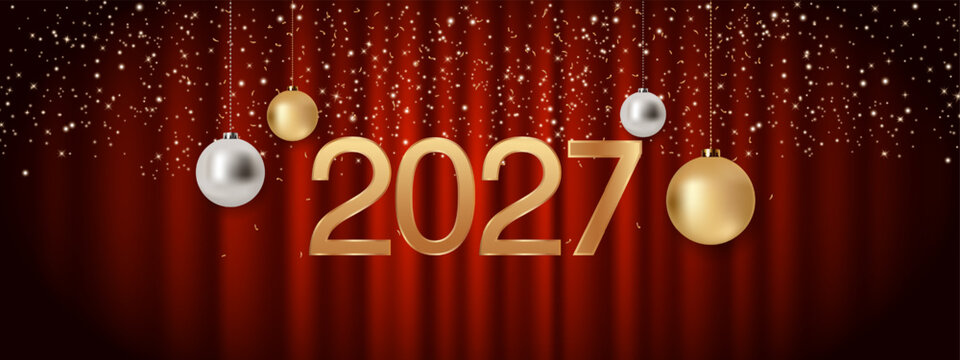 Elegant 2027 New Year background with golden numbers, hanging Christmas ornaments, glowing stars and confetti on luxurious red festive backdrop