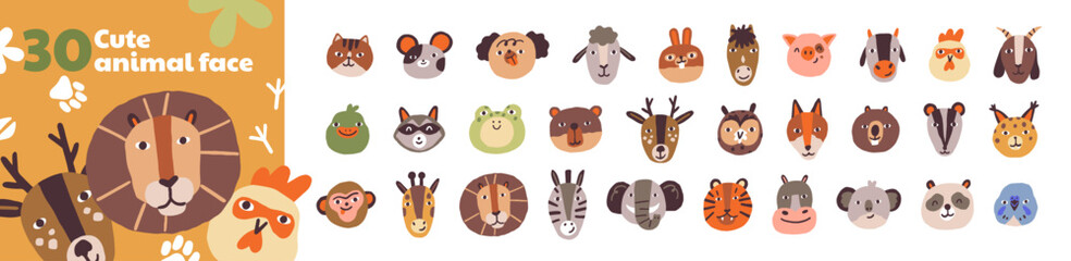 Fototapeta premium Cute animals faces set. Avatars of kawaii characters of forest and African safari. Heads of funny animals. Kids cartoon characters of panda, lion and cat. Children faces of zebra, dog and elephant.