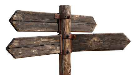Weathered wooden directional signpost with two rustic arrow boards and metal bolts © Eustace
