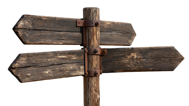Weathered wooden directional signpost with two rustic arrow boards and metal bolts