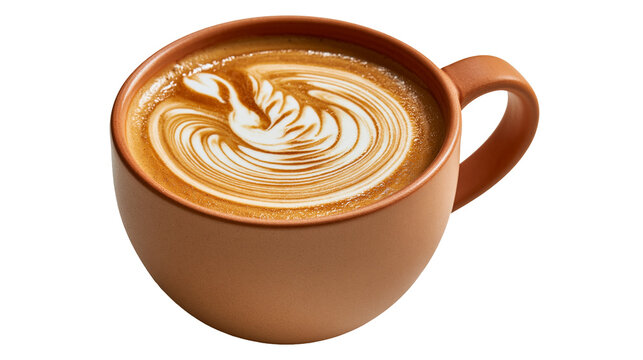 Matte terracotta ceramic cup with swan latte art coffee