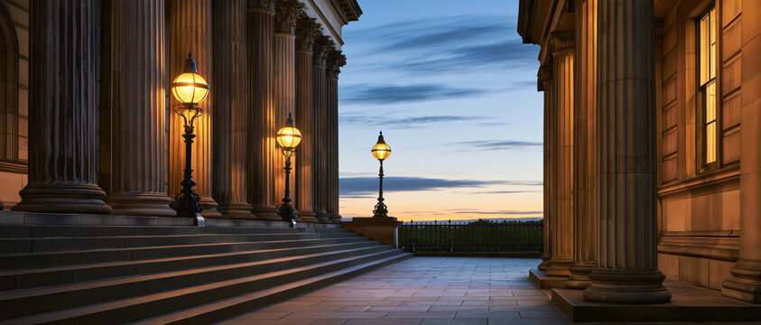 Grand neoclassical colonnade edwardian london style dusk stone stair column lamp facade courtyard architecture exterior elegant historic classical monumental symmetry twilight sky horizon terrace