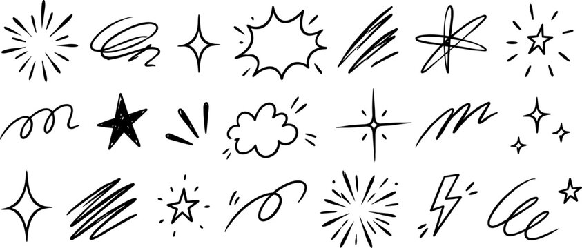 Hand drawn doodle decoration set with stars, sparkles, bursts, scribbles and abstract accent marks in black ink isolated on transparent background