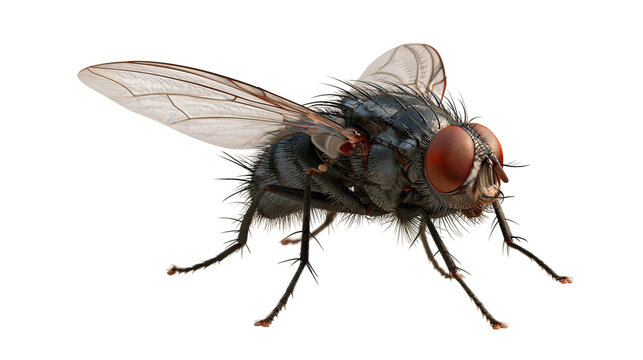 Detailed macro close-up of a common housefly with red compound eyes and hairy body