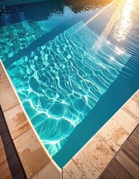 Sunlight dances on the clear blue water of a swimming pool, highlighting the shimmering ripples and the tiled steps below.