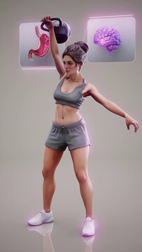 Conceptual 3D illustration of a fit woman doing kettlebell exercise with benefits for the gut microbiome and brain