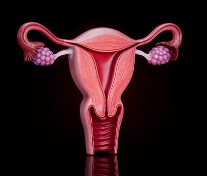 Conceptual 3D illustration of a human uterus and female reproductive anatomy