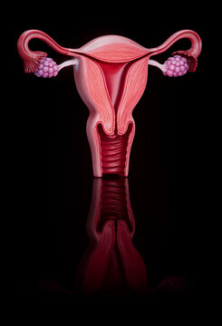 Conceptual 3D illustration of a human uterus and female reproductive anatomy