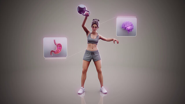 Conceptual 3D illustration of a fit woman doing kettlebell exercise with benefits for the gut microbiome and brain