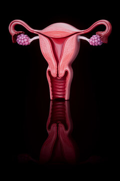 Conceptual 3D illustration of a human uterus and female reproductive anatomy