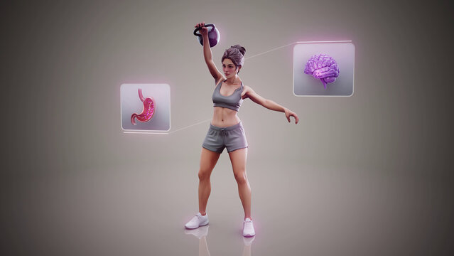 Conceptual 3D illustration of a fit woman doing kettlebell exercise with benefits for the gut microbiome and brain