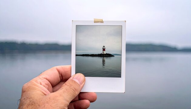 A hand holds a vintage instant photo of a lighthouse on a rocky island in a calm sea.