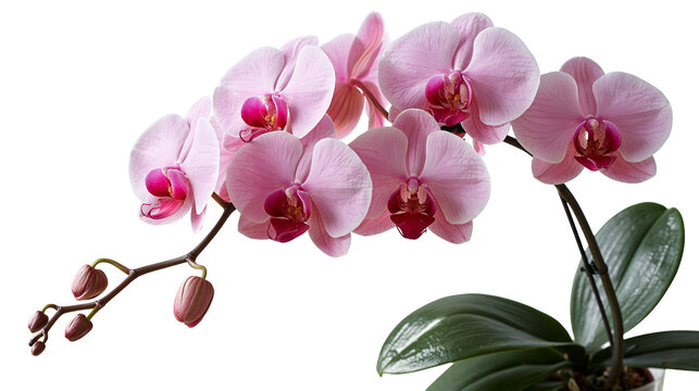 Elegant blooming pink Phalaenopsis orchid branch with green leaves and buds