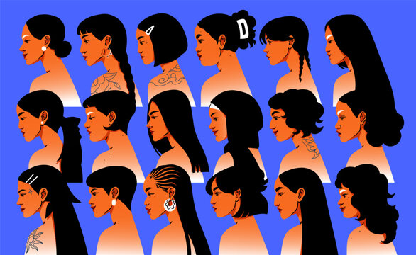 Profile view portraits of diverse girls set. Female heads with fashion hairstyles in profile. Diverse people from side. Collection of women. Person identity and nationality. Concept of female unity.