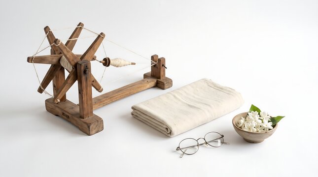 Traditional wooden spinning wheel with cotton fabric and glasses.