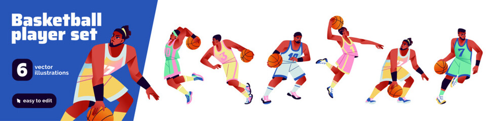 Fototapeta na wymiar Basketball players set. Professional sports players run, rush and throw ball into basket. Characters play basketball on court. People are training with ball. Athletes play sports game in competition.