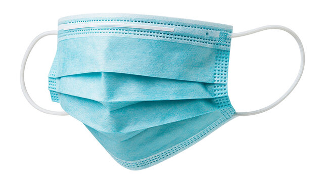 Light blue pleated disposable surgical face mask with white elastic ear loops