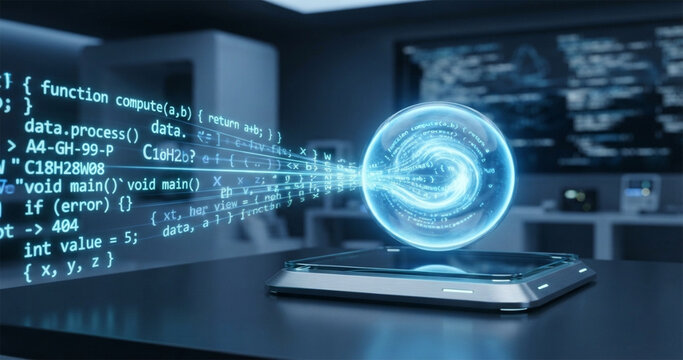 Quantum computer processing data with glowing blue sphere emitting source code