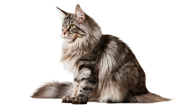 Fluffy brown tabby Maine Coon cat sitting in profile