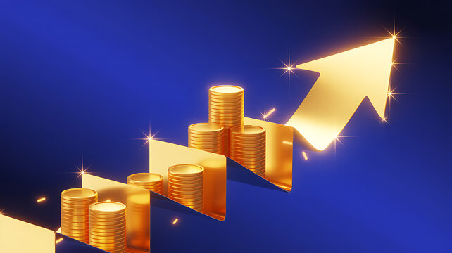 Stacks of gold coins arranged on a staircase pattern with a large glowing gold arrow pointing upwards, set against a dark blue background, with sparkling light, effects, representing financial growth