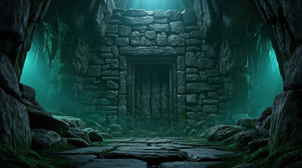 Obraz premium Medieval stone chamber entrance underground cave ancient doorway mysterious ruin teal light rock wall narrow passage old architecture hidden vault dark interior