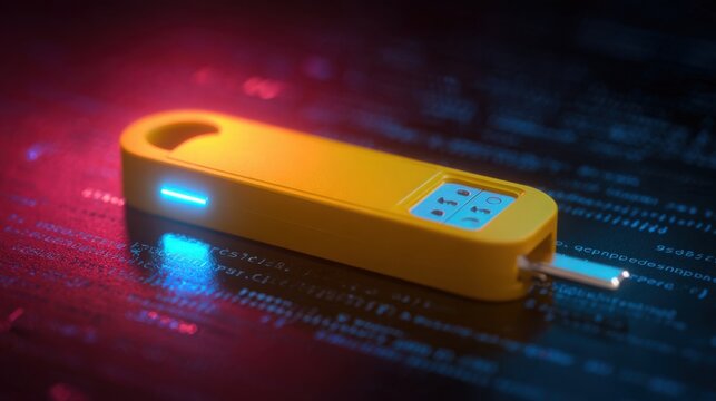 Bright yellow physical security key with a glowing blue indicator light, sharply isolated against a dark crimson background with subtle blurred