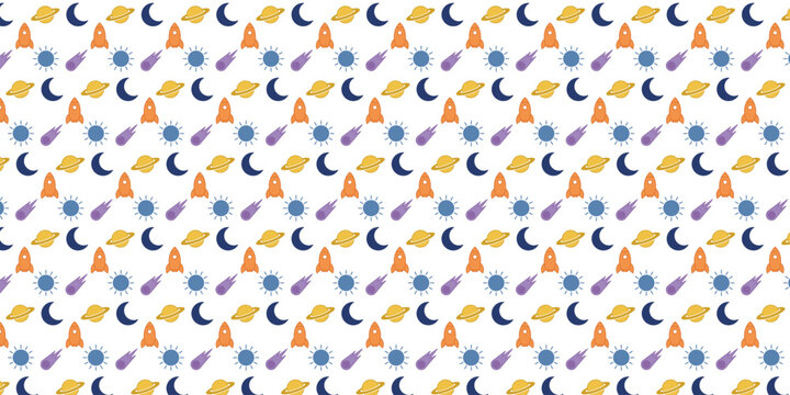 Space astronomy seamless pattern vector. Galaxy and planets repeating design.