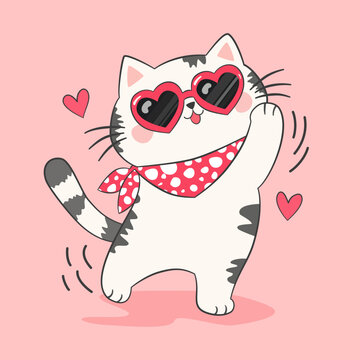 Cute cartoon cat dancing with heart shaped sunglasses, polka dot scarf and floating hearts on a pink background for romantic designs. Vector illustration.