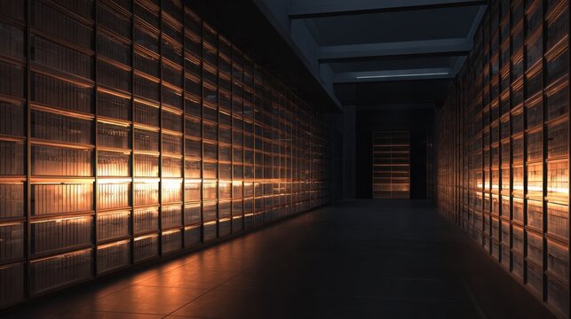 dark archival storage room filled with identical transparent archival cases arranged in long repeating rows, subtle amber light illuminating their