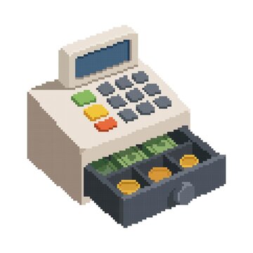 Colorful vintage cash register rendered in pixel art with an isometric design, featuring an open money drawer and isolated on a white background. Suitable for retail, shopping, business, checkout, fin