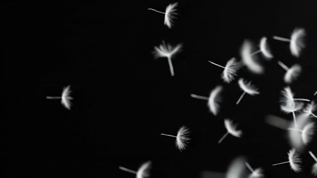 Minimalist monochrome dandelion seeds floating through dark air as a symbol of gentle movement and delicate botanical nature