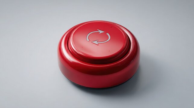 hyperrealistic product photograph of a single glossy red physical reset button with a subtle circular arrow symbol, centered on a smooth neutral gray
