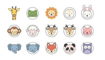 Obraz premium Collection of fifteen cute vector animal face icons including a giraffe, crocodile, lion, rabbit, monkey, sheep, deer, cat, elephant, fox, panda, and owl.