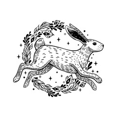 Fototapeta premium Leaping Hare in Botanical Wreath Vector Line Art