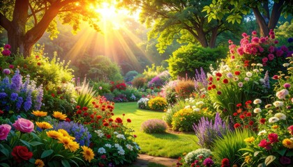 Obraz premium A sun-drenched garden bursts with vibrant floral displays and lush greenery.
