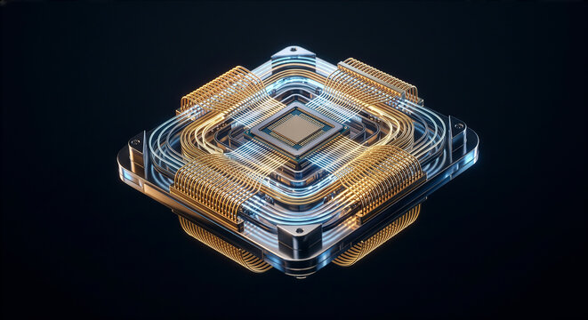 金色の精密配線と発光する回路を備えた次世代量子コンピュータプロセッサチップ。先端半導体技術や人工知能、超高速演算処理と未来のスーパーコンピューティングを表現した3DコンセプトCGイラスト