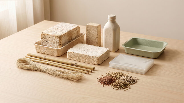 植物由来の天然原料から作られた生分解性バイオプラスチックや菌糸体パッケージ素材。脱プラスチックと持続可能な循環型社会、環境配慮型マテリアル開発をイメージしたコンセプト写真