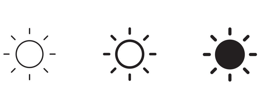 Minimalist sun icon set, black linear sunshine symbols, 3 weather brightness vector elements for interface design