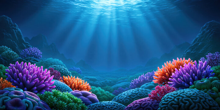 Vibrant coral reef underwater scene with bright sunlight and colorful marine life, peaceful ocean landscape