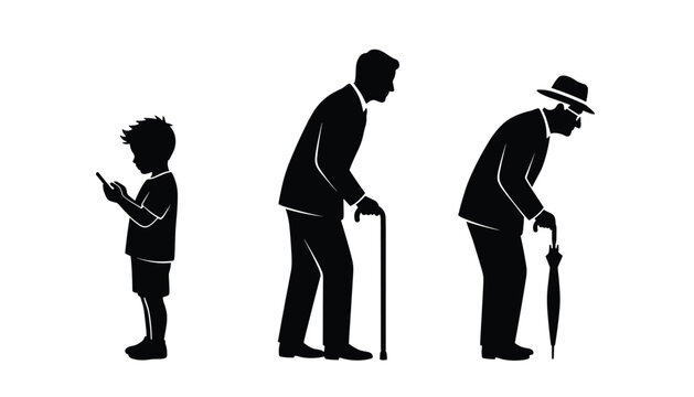 Silhouette representation of the stages of human aging shows a young child using a smartphone next to two elderly men with walking sticks.