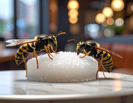 Two yellowjacket wasps are attracted to a mound of white sugar.