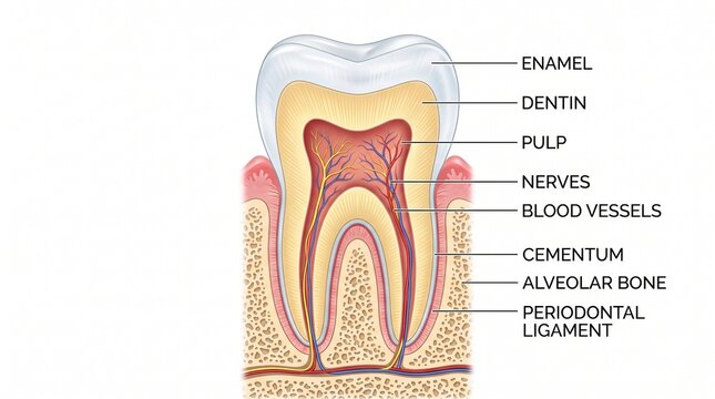 Detailed anatomical cross section diagram of a human tooth with labels