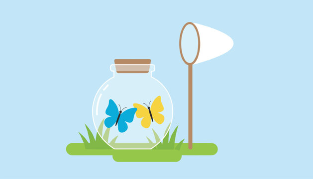 Beautiful blue and yellow butterflies trapped inside a glass jar on green grass under a clear blue sky with a net.