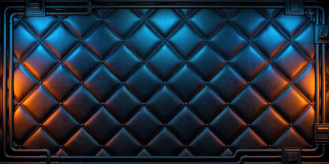 Obraz premium Dark leather wall panel blue orange lighting quilted pattern geometric texture black frame metallic pipe luxury background abstract wall close up interior decor